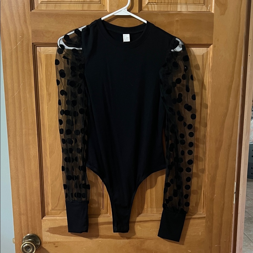 Black Polka Dot Mesh Sleeve Bodysuit - Women's Top